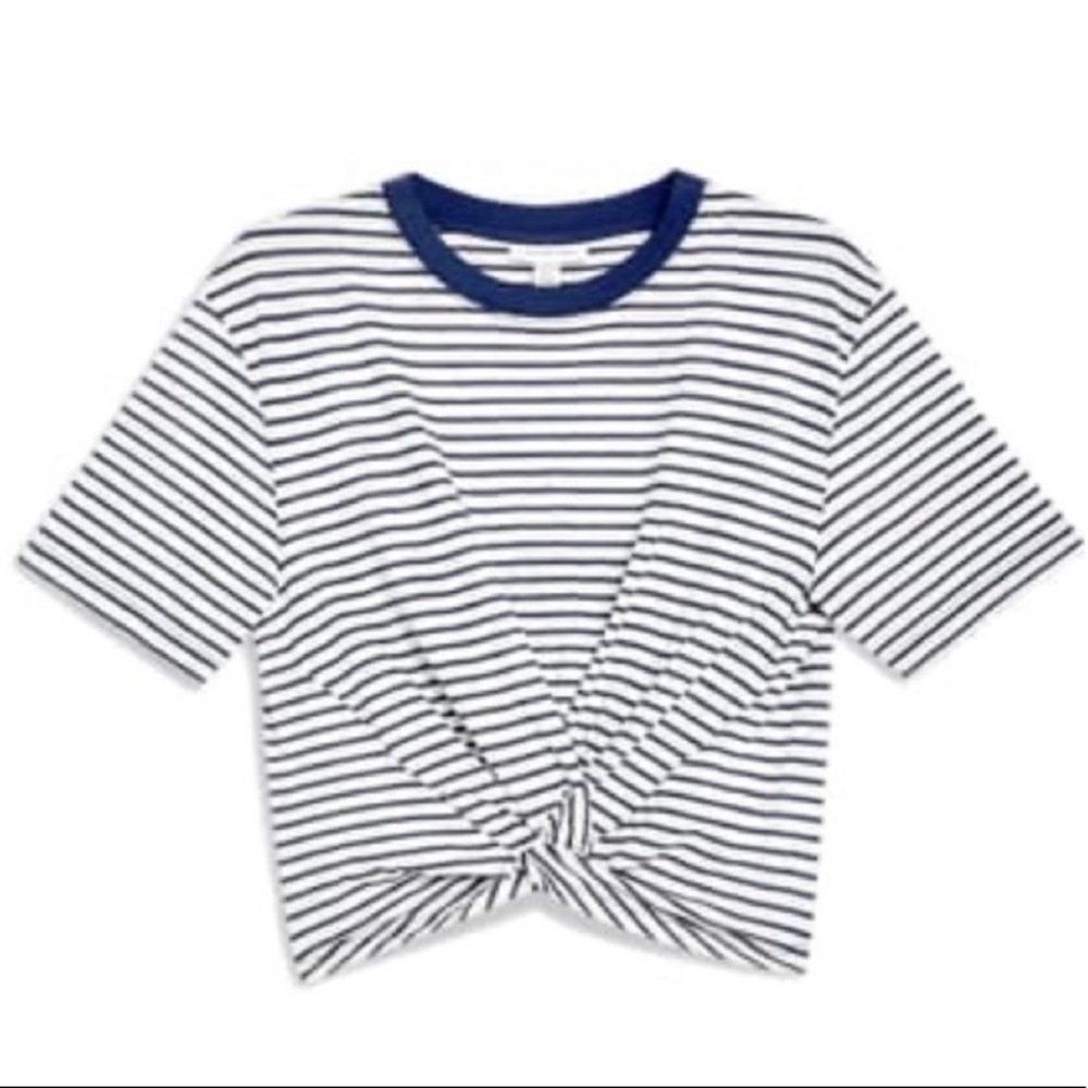 TopShop White & Navy Striped Twist Front Tee